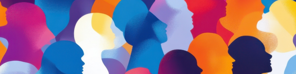Abstract silhouettes in a wide range of skin tones and colours, representing diversity in hair and skin types